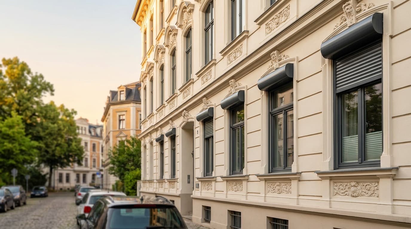 Sanierte Gründerzeit-Fassade mit nachgerüsteten anthrazitfarbenen Vorbaurollläden