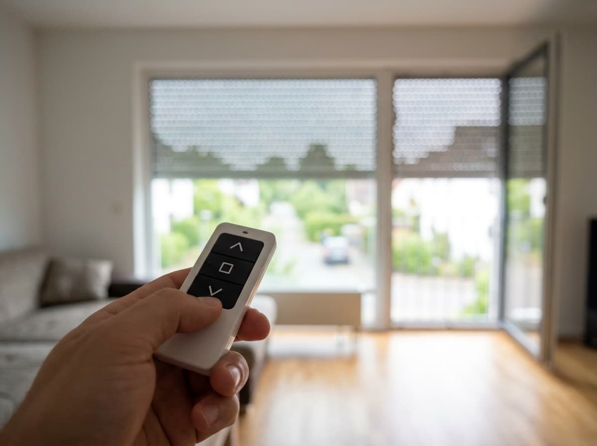 Hand mit Funk-Handsender vor einem Fenster mit halb geschlossenem Rollladen