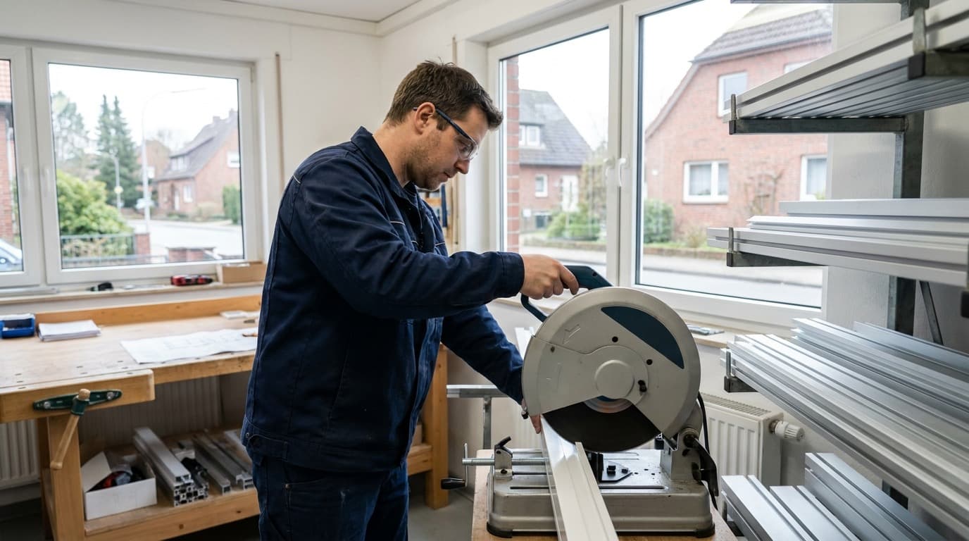 Zuschnitt eines Aluminium-Rollladenprofils an der Kappsäge in der Werkstatt
