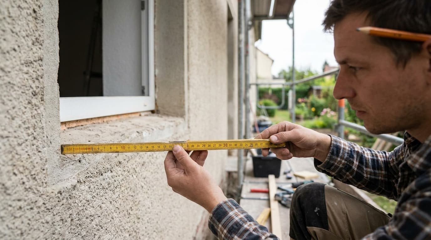 Person misst die lichte Breite einer Fensteröffnung mit dem Zollstock