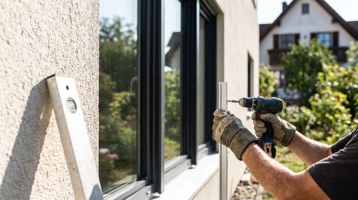 Handwerker verschraubt die Führungsschiene eines Vorbaurollladens neben dem Fenster