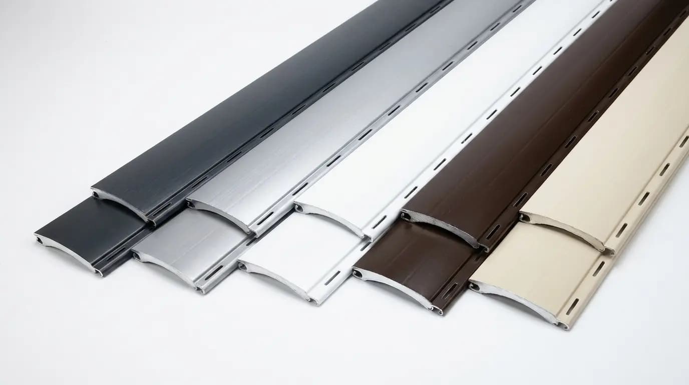Rollladen-Lamellen nebeneinander in Anthrazit, Silber, Weiß, Dunkelbraun und Beige