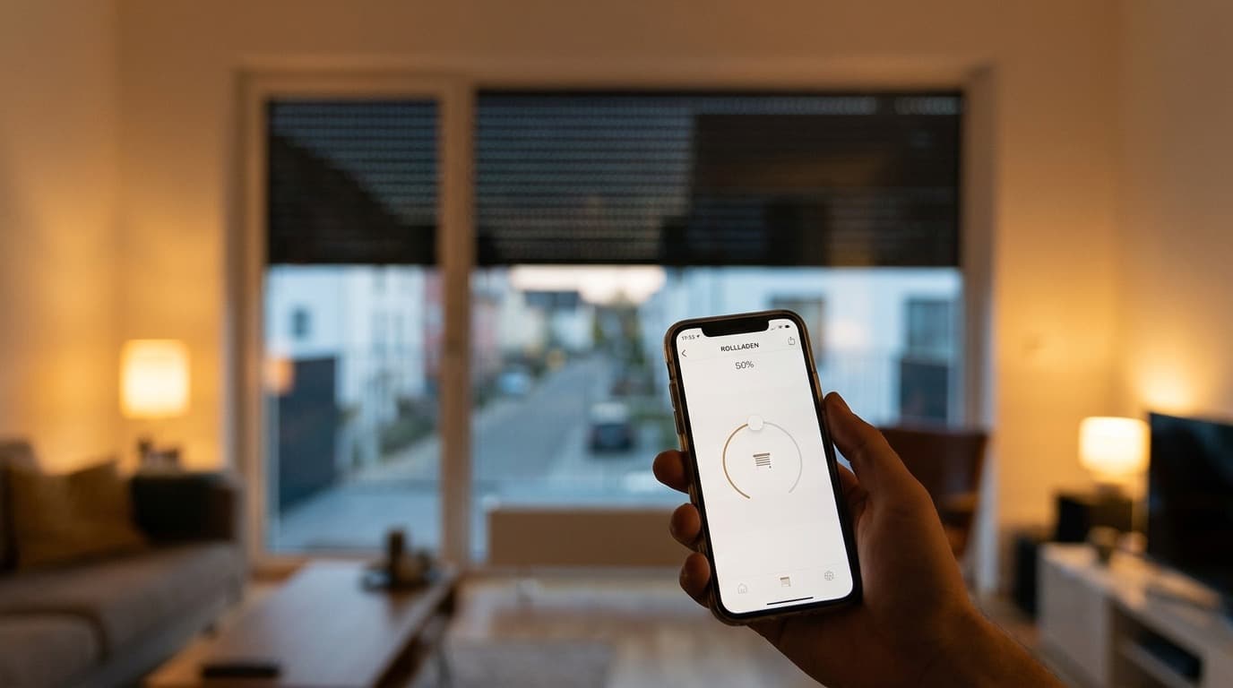 Smartphone-App steuert einen elektrischen Rollladen im Wohnzimmer