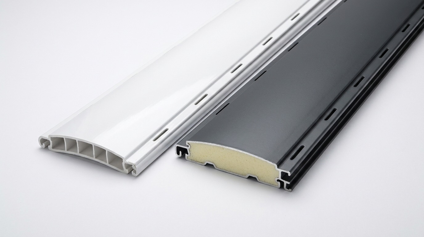 Querschnitte einer PVC-Lamelle mit Hohlkammern und einer ausgeschäumten Aluminium-Lamelle